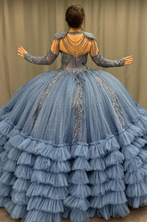 Ball Gown V Neck Sleeveless Detachable Sleeves & Shawl Beaded Sequins Appliques Ruffles Tiered Sparkly Blue Tulle Quinceanera Dress Birthday Party Dress For Sweet 16